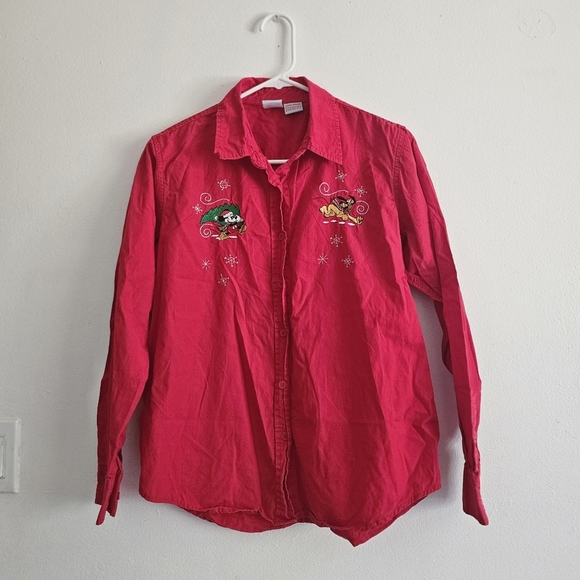 Vintage Disney Mickey & Pluto Christmas Red Long Sleeve Button Up Blouse Medium - Picture 5 of 6